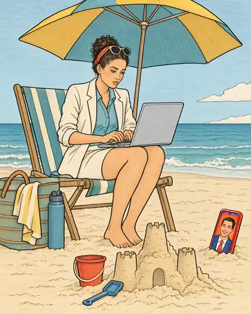 Colored sample page from HR Catastrophes' Guide to Managerial Success: Approved Leave. Be generous with vacations and precise with deadlines. Let the two meet on a beach.