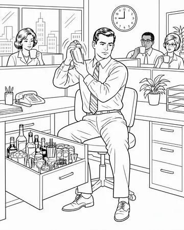 The black-and-white page of the same scene: The 9 a.m. Happy Hour