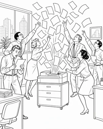 Black-and-white page as printed from HR Catastrophes Coloring Book: Salary Confetti. Policy 13.5: Pick up your confidential printouts.