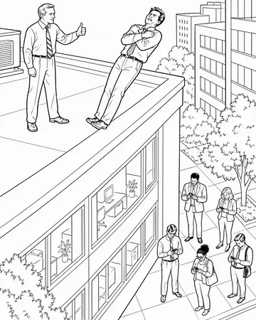 Black-and-white page as printed from HR Catastrophes Coloring Book: The Mandatory Fun Trust Fall. Policy 11.9: Team building happens at ground level.