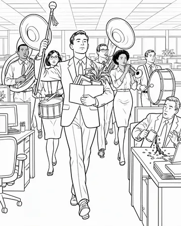 Black-and-white page as printed from HR Catastrophes Coloring Book: Quitting With a Marching Band. Policy 4.2: Two weeks’ notice, please, and no tubas.